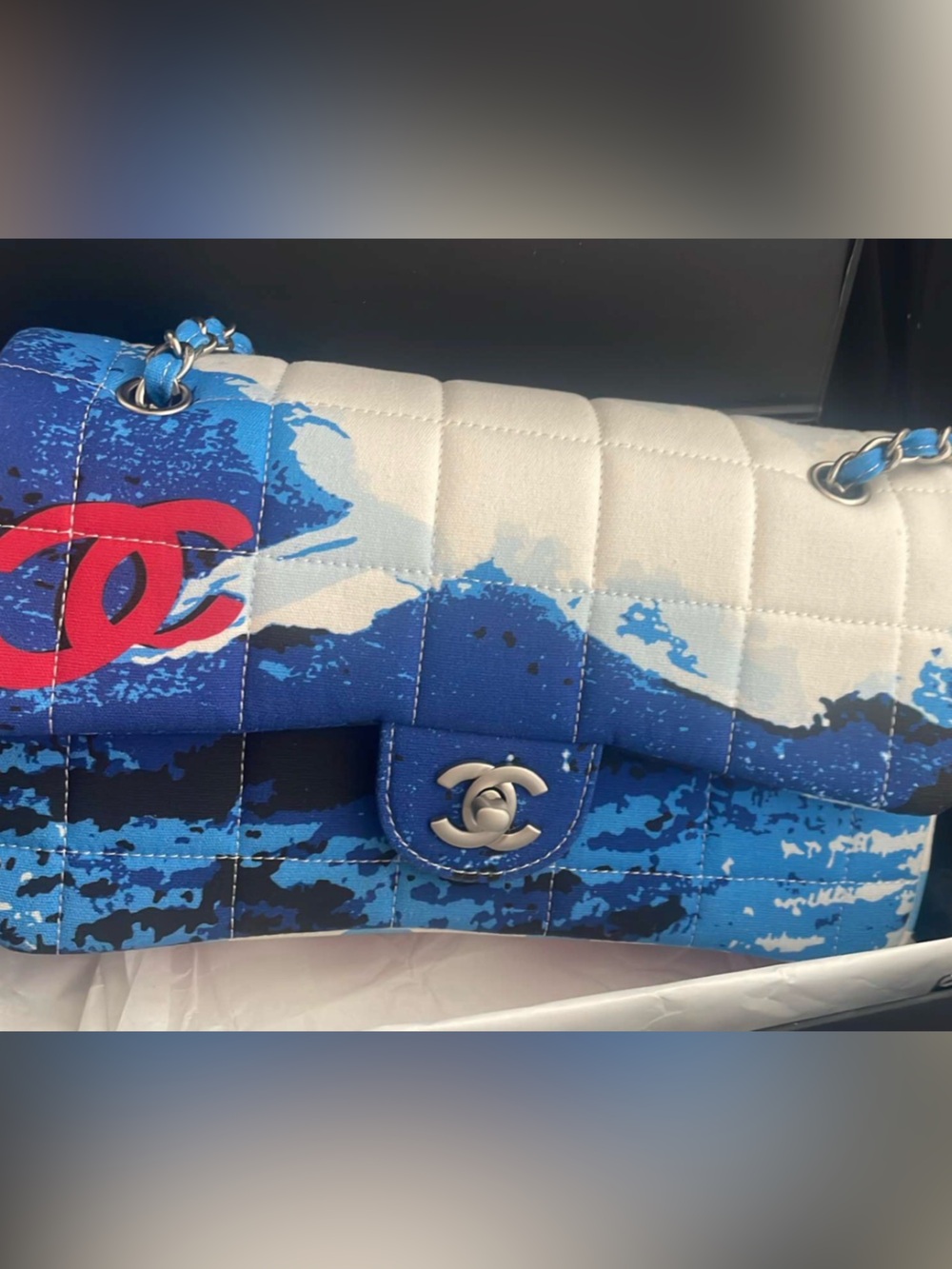 CHANEL Blue, White & Red Quilted Canvas Shoulder Bag